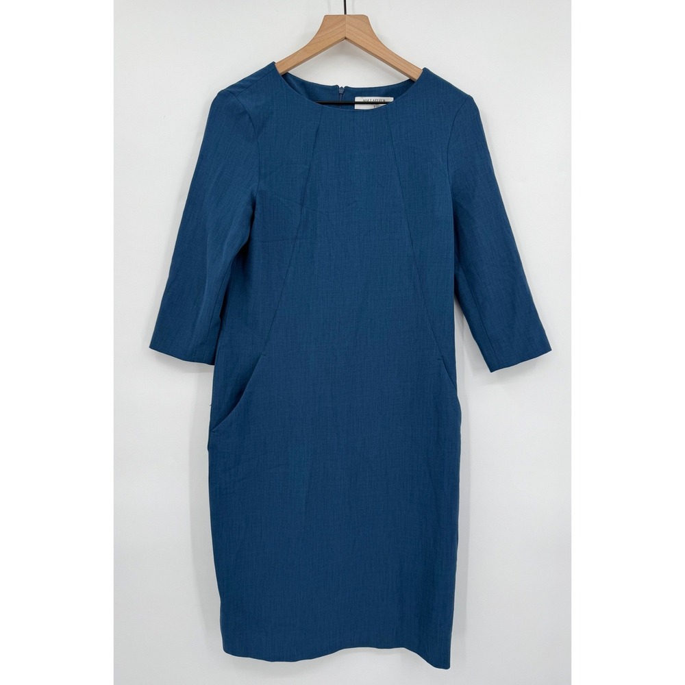 MM.LaFleur Dress Womens 8 Blue Green Workwear Office Career 3/4 Sleeves Pockets